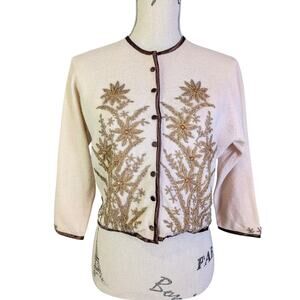 Vintage 50s 60s Angora Cardigan Gold Beaded Cream Cocktail Sweater